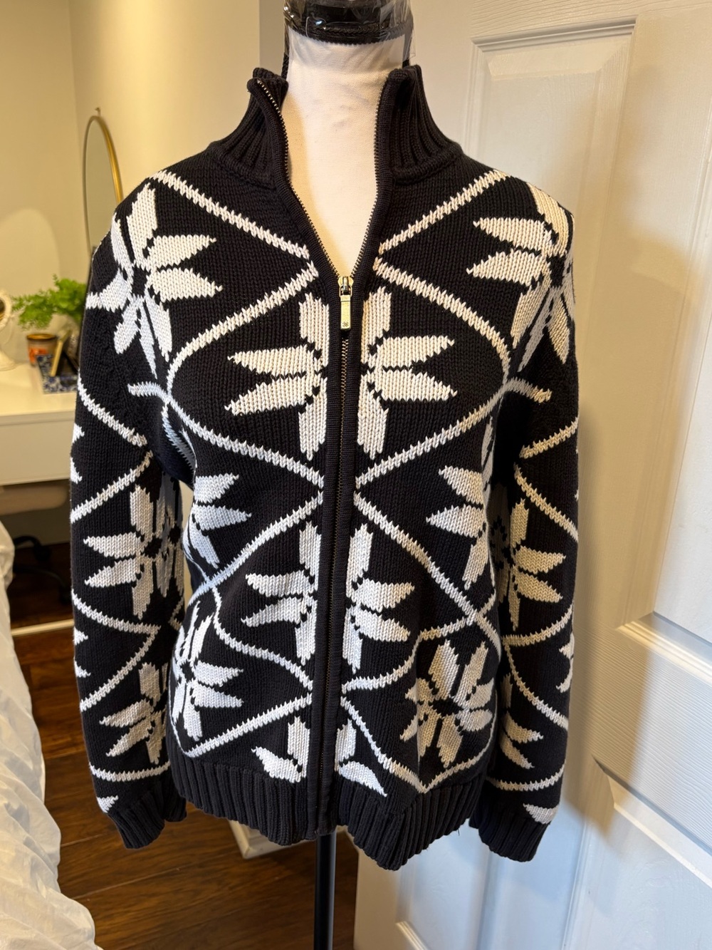 Jones New York Vintage Black Cream Floral Full Zip Knit Cardigan Sweater L